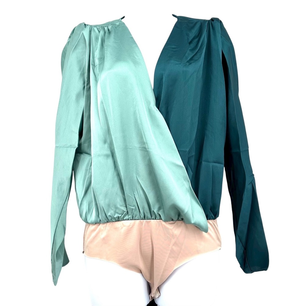 STRUT & BOLT Jade Green and Dark Teal Wrap Blouse BodySuit Women's Medium NEW - Picture 2 of 10
